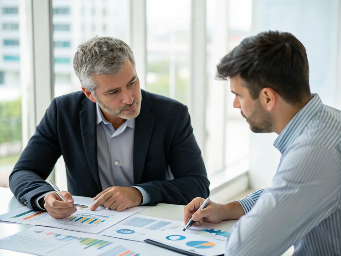 A business owner discussing tax strategies with an accountant in a well-lit conference room, reviewing financial reports and charts.