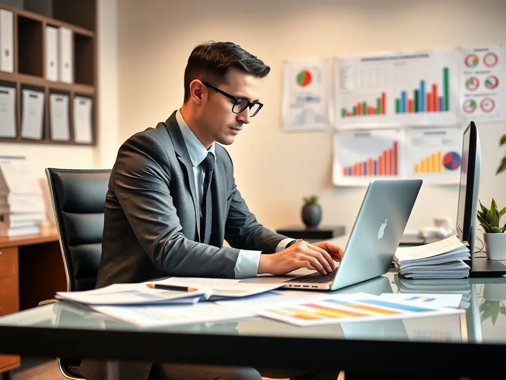 A professional accountant working on individual tax returns, reviewing documents and using tax software in a modern office setting.