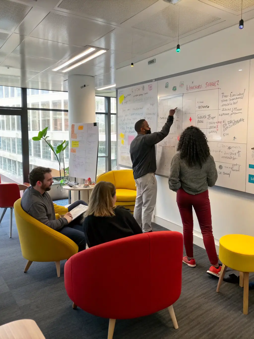 A group of young entrepreneurs brainstorming ideas in a startup environment, showcasing EMUTAX's support for startups.