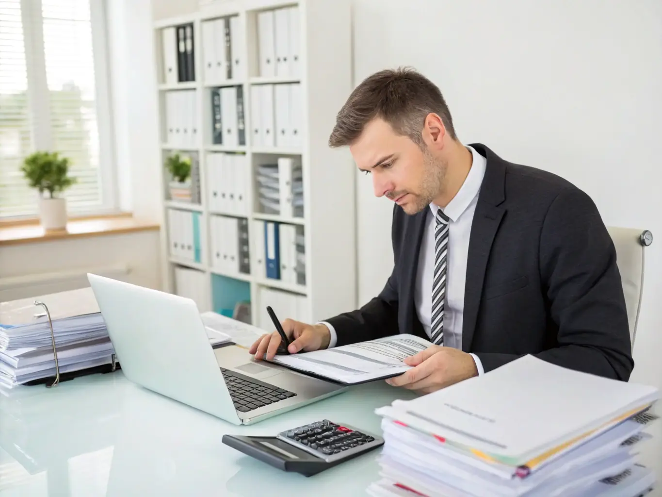 An accountant reviewing financial statements and bookkeeping records at a desk with a computer and calculator, in a clean and organized office.