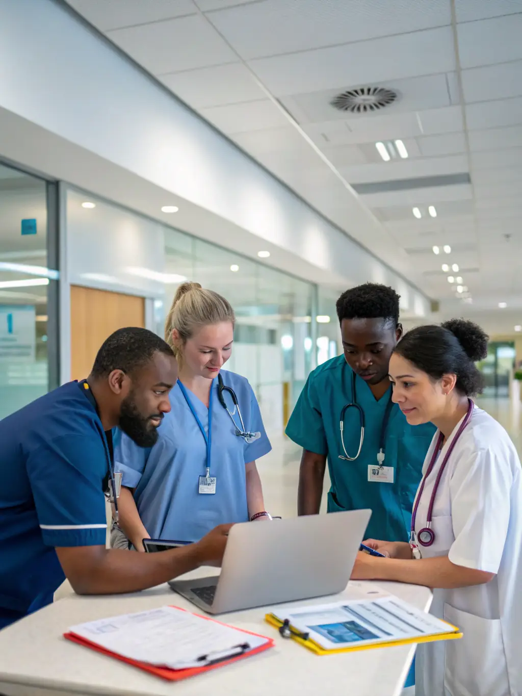 A diverse team of healthcare professionals in a hospital setting, representing EMUTAX's expertise in the healthcare industry.
