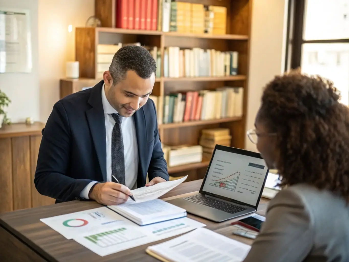 A professional accountant assisting a client with their individual tax return, smiling and pointing at a document, in a modern office setting.