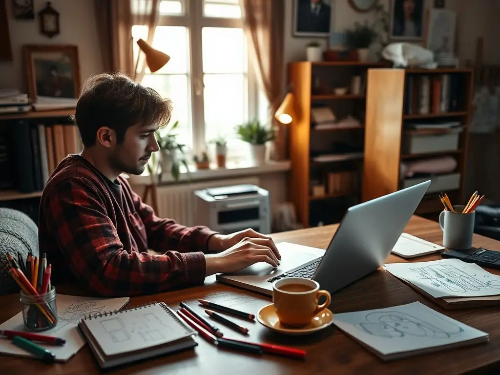 A freelancer working on a laptop in a home office setting, representing the flexibility and independence of contractors and freelancers.
