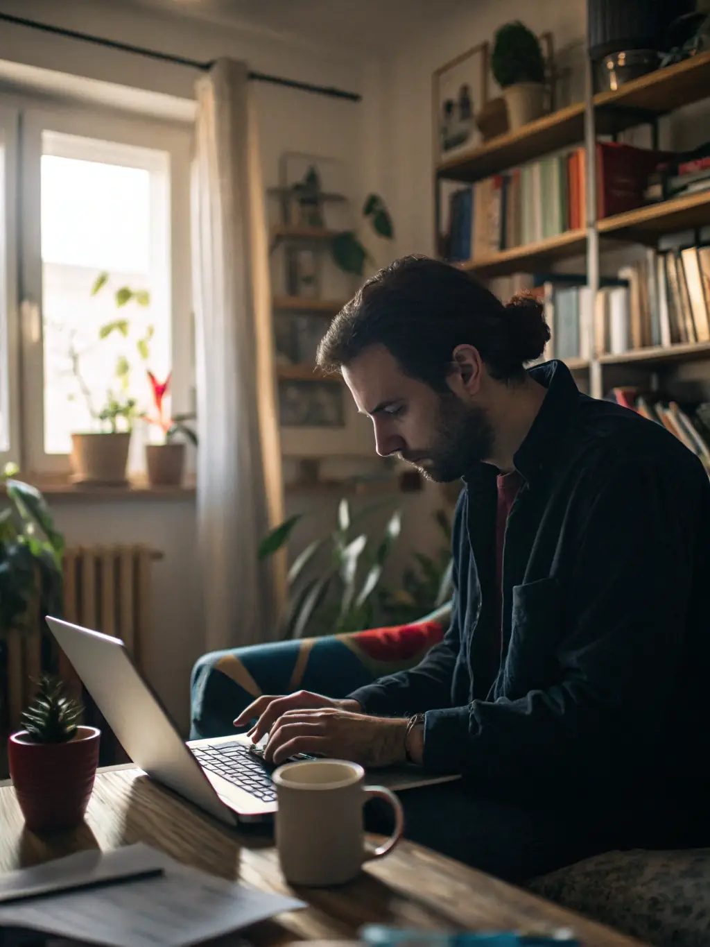A contractor working on a laptop in a home office, illustrating EMUTAX's services for contractors and freelancers.