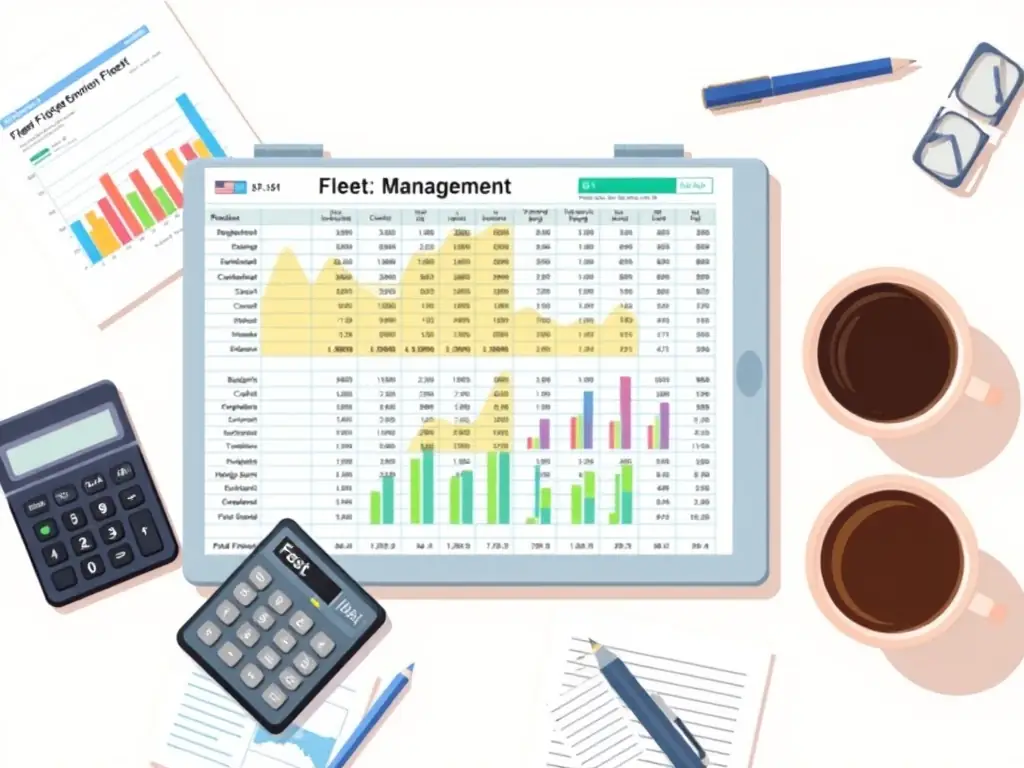 A digital illustration depicting a detailed spreadsheet with financial data and graphs, highlighting the importance of accurate fleet management accounting.
