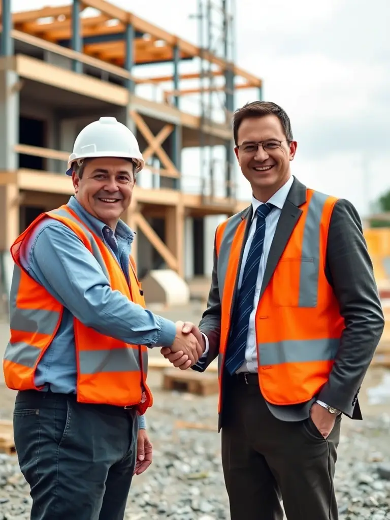 A handshake between a construction manager and an accountant, symbolizing a strong partnership for financial success.
