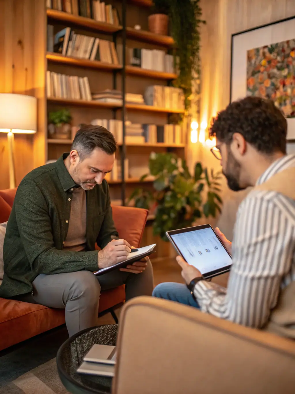 A consultant advising an eCommerce business owner, discussing financial strategies and growth opportunities in a bright, modern office.