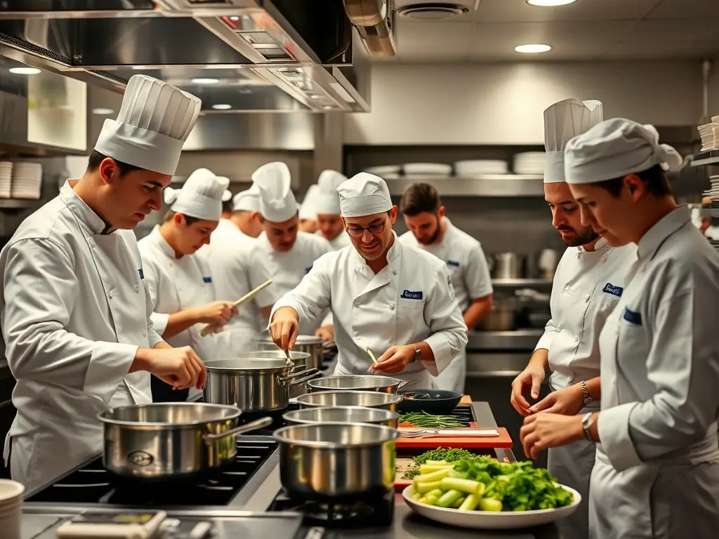 A busy restaurant kitchen with chefs preparing food, symbolizing the fast-paced environment of the hospitality industry.