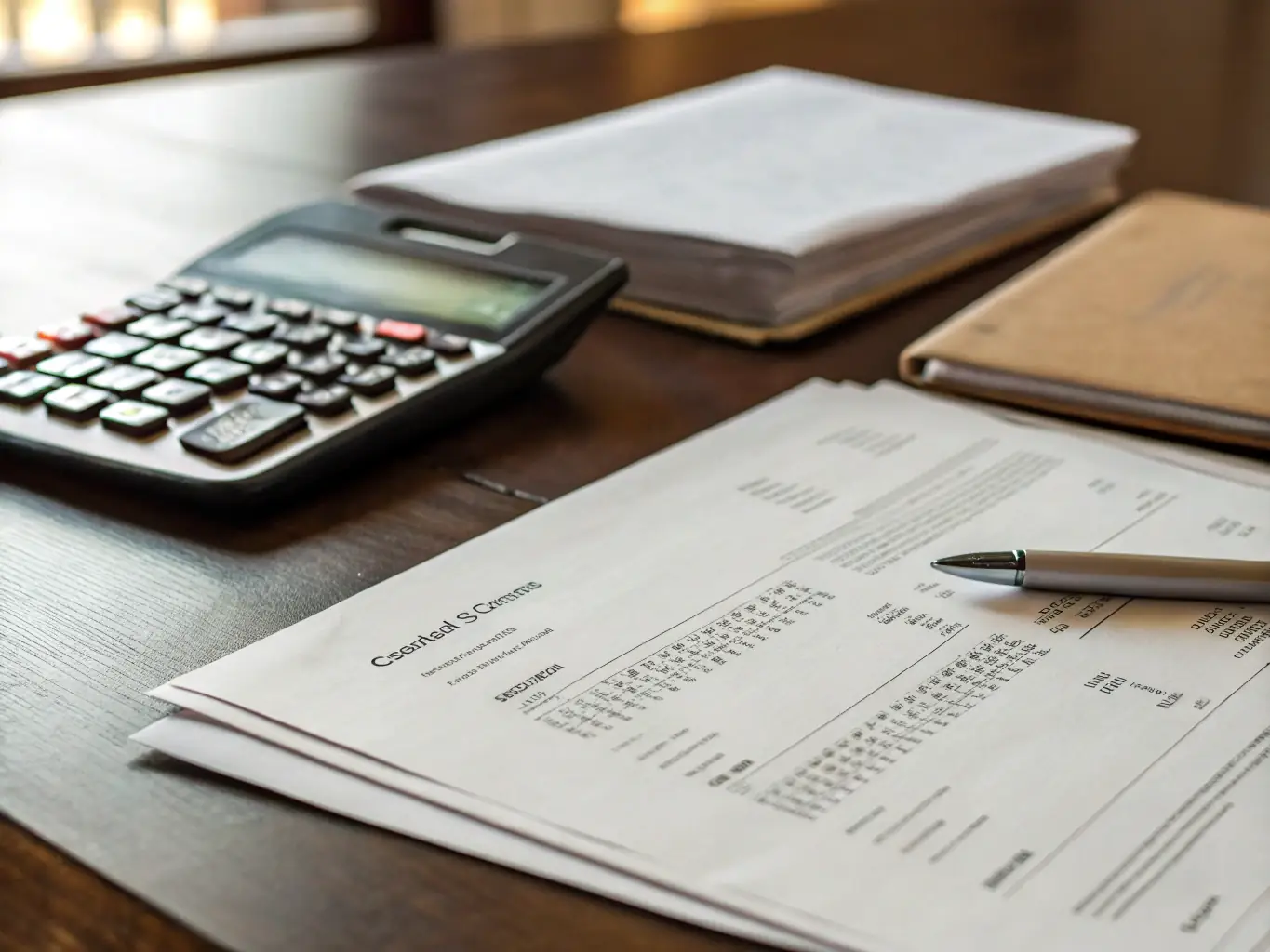 A close-up shot of financial documents and a calculator on a desk in a medical office, representing the importance of accurate financial record-keeping.