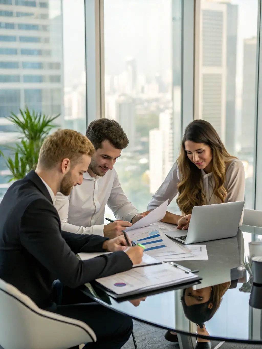 A team of accountants collaborating on business tax strategies in a well-lit conference room, showcasing EMUTAX's business tax services.