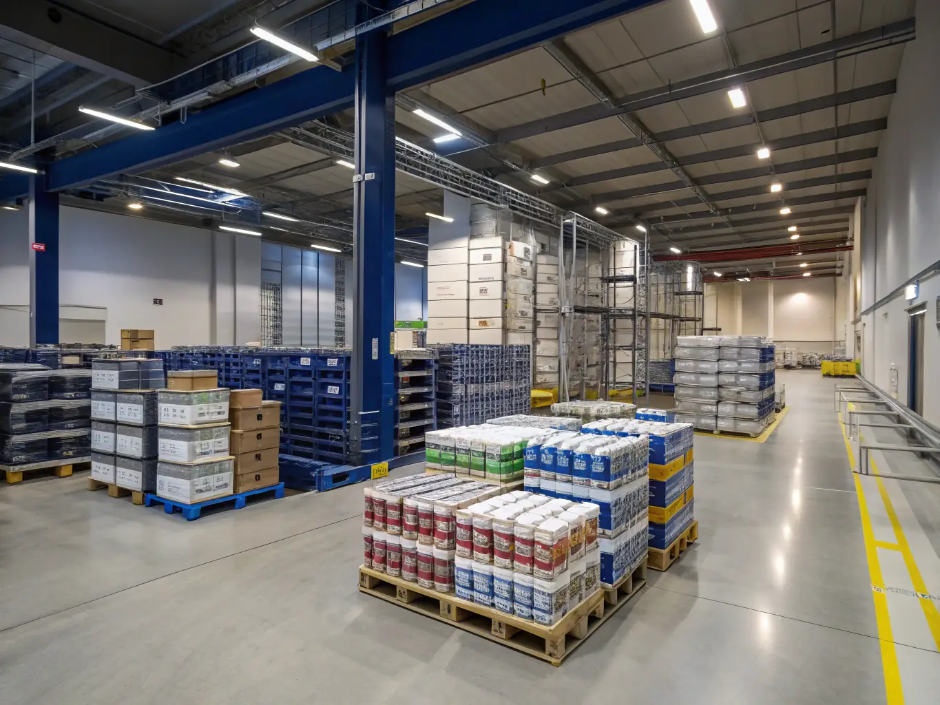 A well-organized warehouse with shelves stocked with various products, symbolizing efficient inventory management for a wholesale business.
