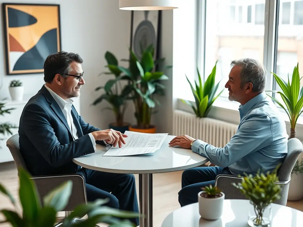 A financial advisor meeting with a healthcare professional in a bright office, discussing investment strategies and financial planning.