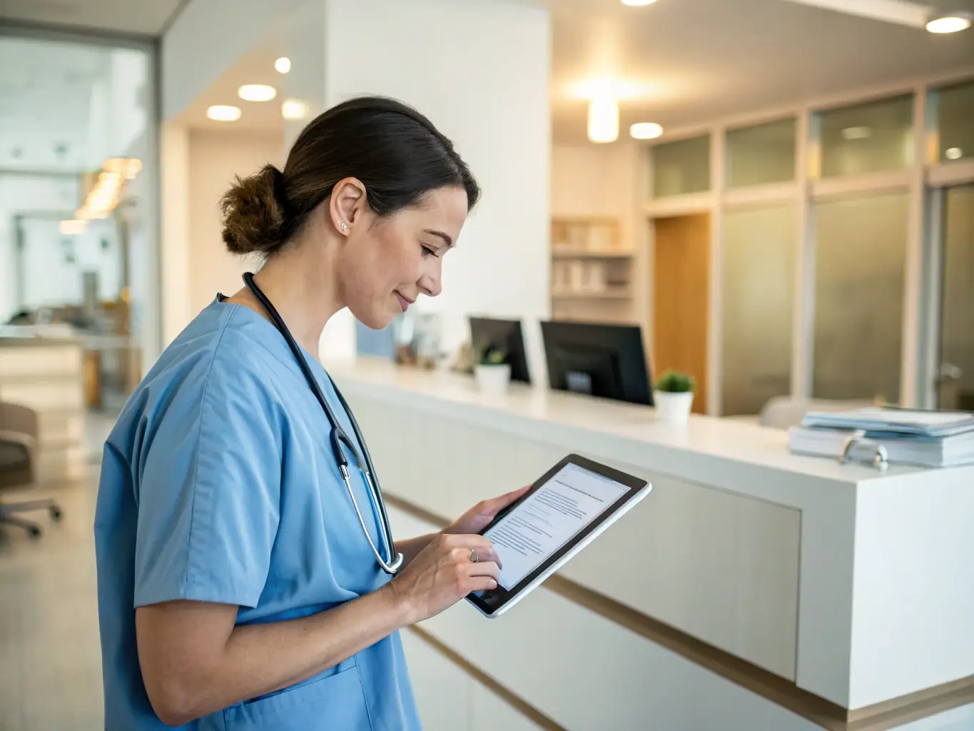 A professional doctor in a white coat using a tablet to review patient data in a modern, well-lit clinic, symbolizing the integration of technology in healthcare.