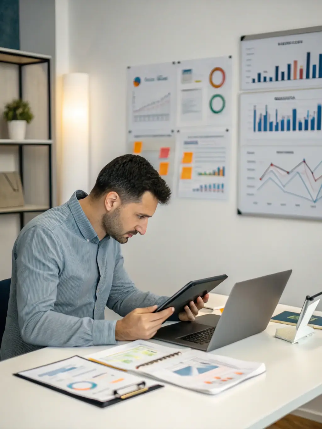 A person working on a laptop, analyzing eCommerce sales data, with charts and graphs visible on the screen, in a modern office setting.