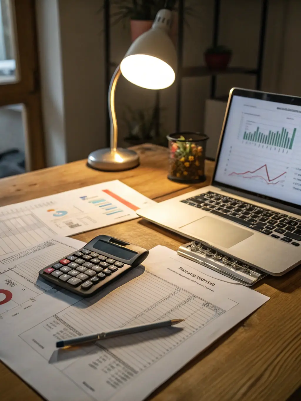 A close-up shot of a neatly organized desk with financial documents, a calculator, and a pen, symbolizing meticulous bookkeeping services for small businesses.