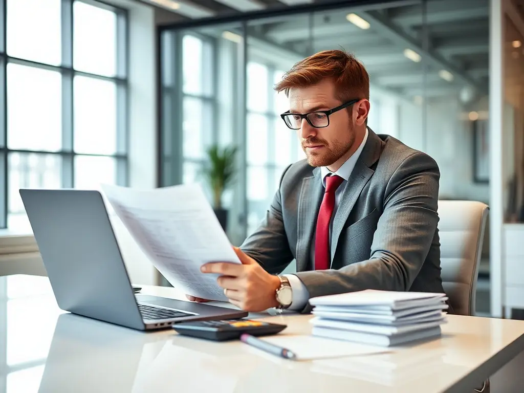 A professional accountant is reviewing financial documents and reports at a bright, modern office, with a non-profit organization's logo subtly displayed in the background.
