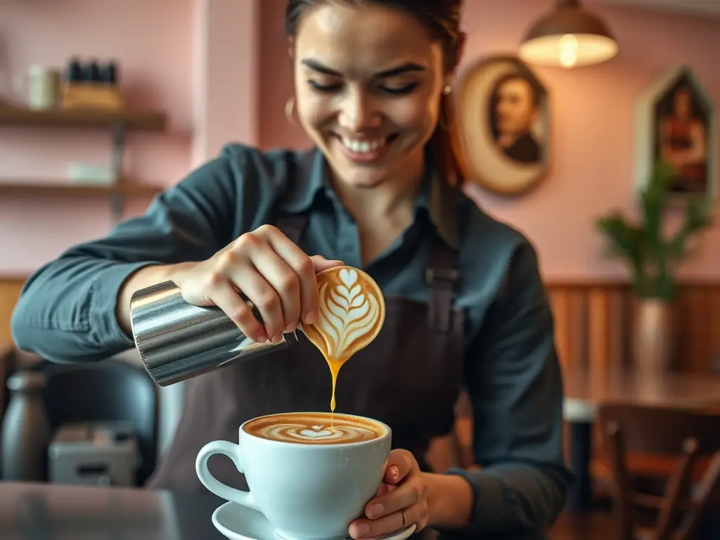 A barista making coffee in a cafe, representing the retail aspect of the food and beverage industry.