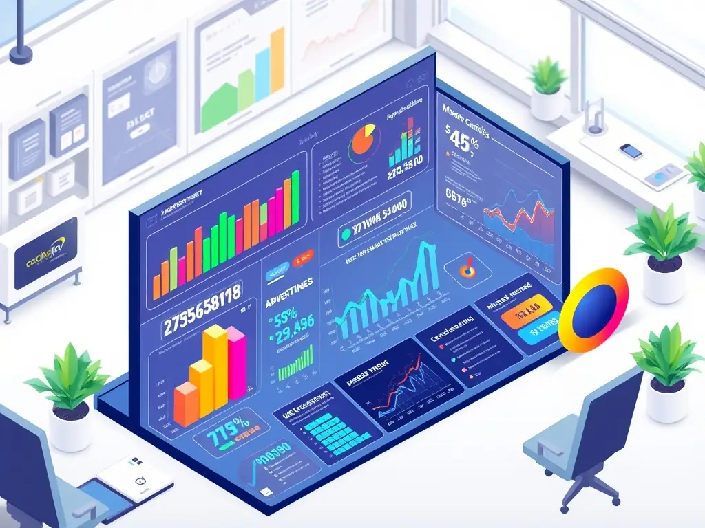A digital marketing dashboard displaying advertising campaign performance metrics, representing advertising fee management for a franchise.