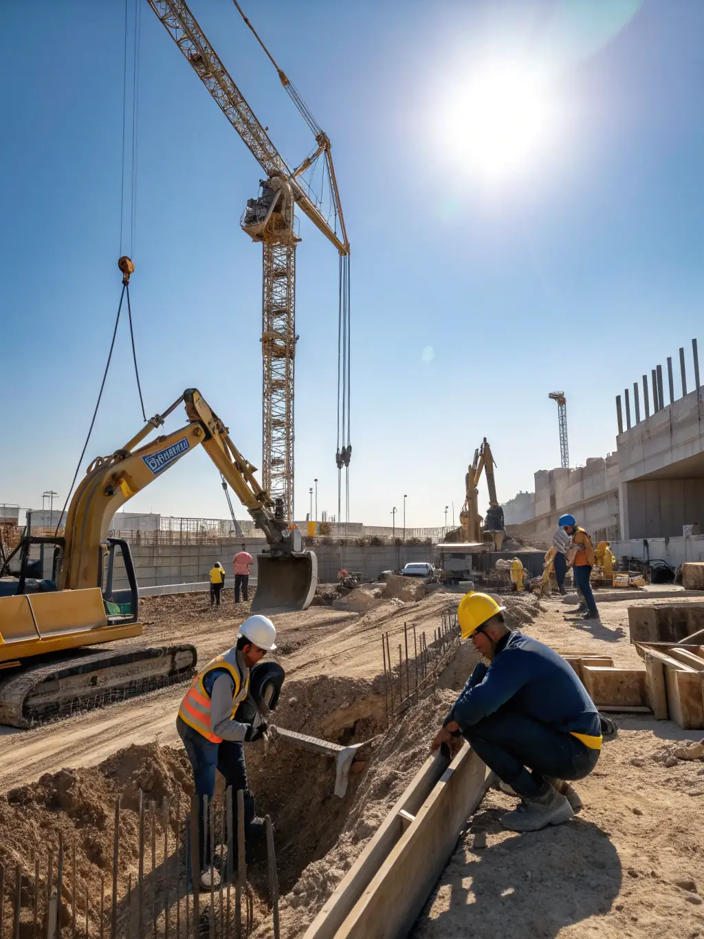 A construction site with workers and heavy machinery, emphasizing the complexity of the industry and the need for specialized accounting services.