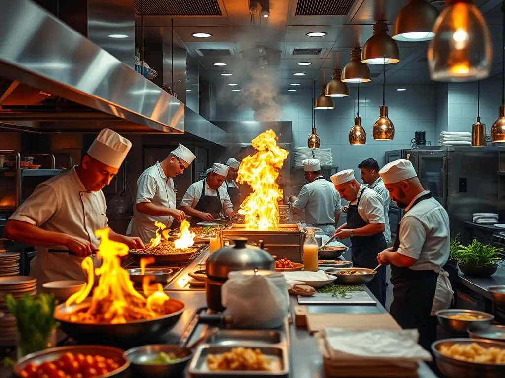 A brightly lit restaurant kitchen with chefs preparing meals, symbolizing the fast-paced environment of the hospitality industry.