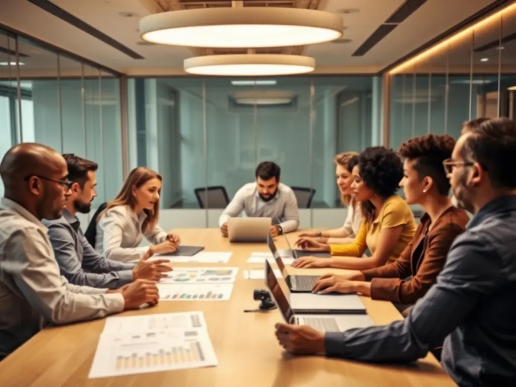 A diverse team of accountants collaborating on franchise tax strategies in a well-lit office, representing comprehensive tax solutions.