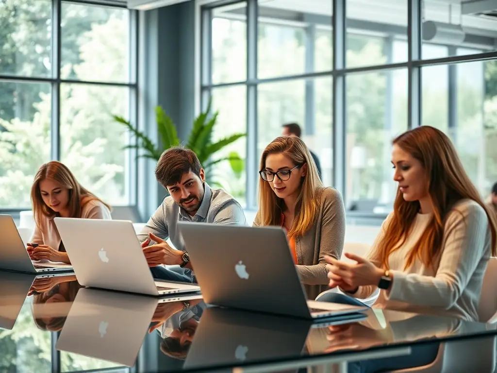 A transparent glass office with employees working on laptops, showcasing financial data and reports related to a non-profit organization's finances.