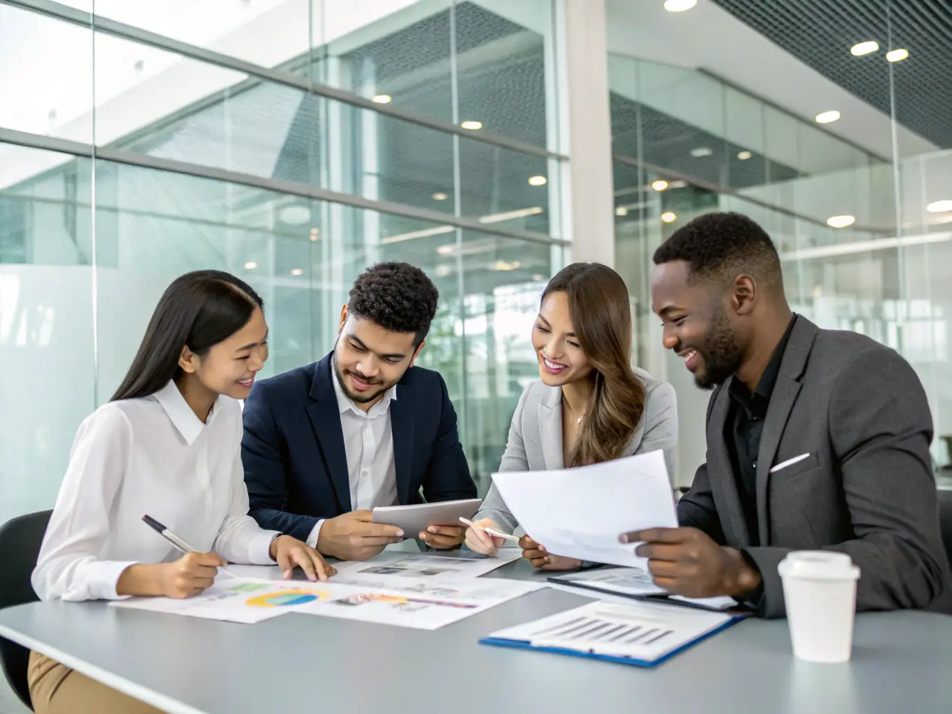 A diverse group of business owners and entrepreneurs collaborating in a modern co-working space, discussing financial strategies and growth opportunities with EMUTAX consultants.