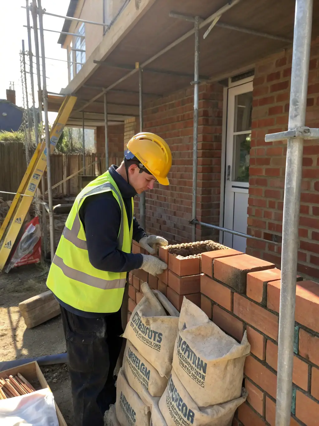 A focused image of a contractor working on-site, perhaps reviewing blueprints or using a measuring tool, with a backdrop of a construction project or a home renovation.