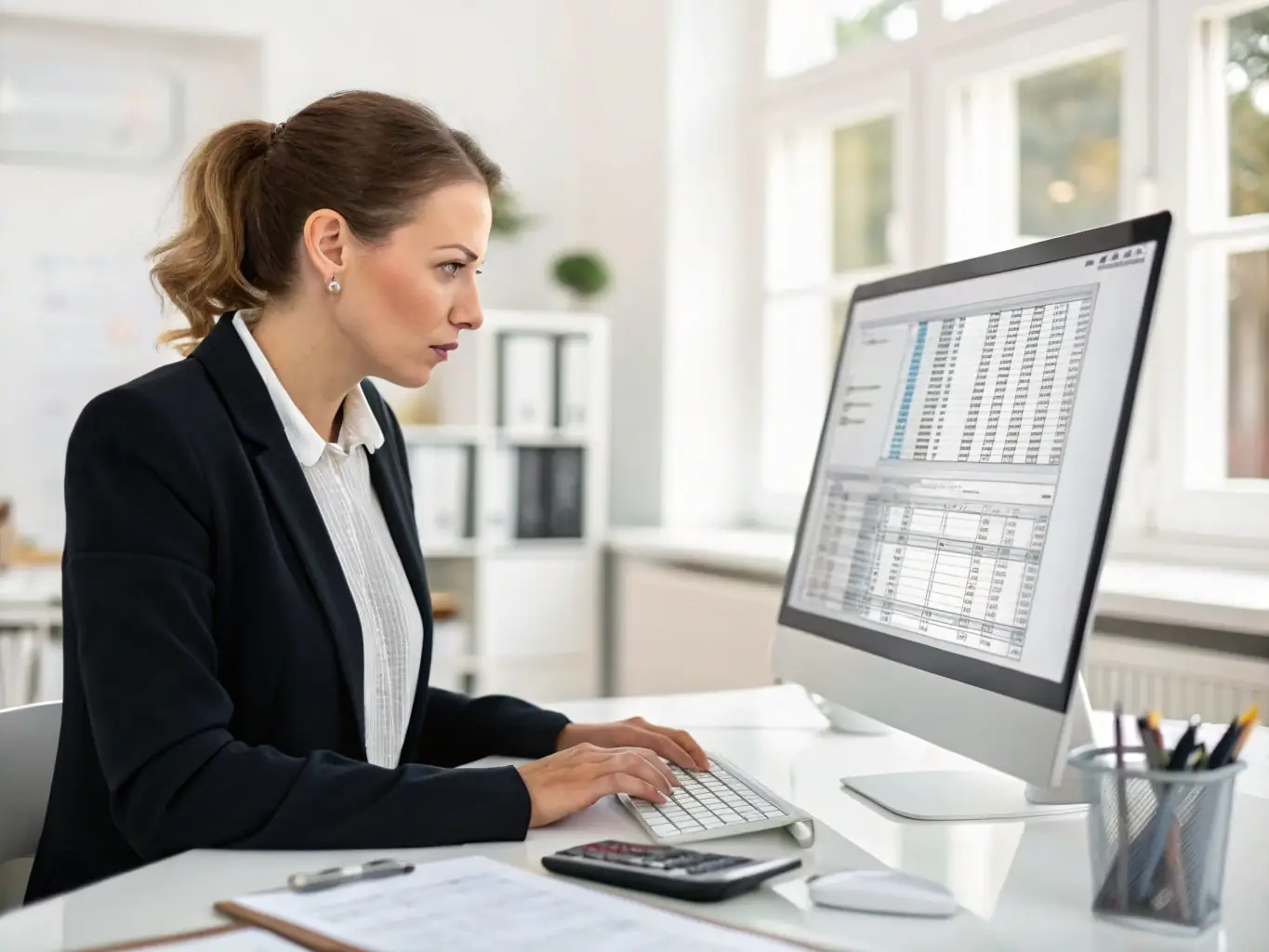 A professional accountant working on a laptop in a modern office setting, reviewing financial documents and tax returns, with a focus on accuracy and attention to detail.